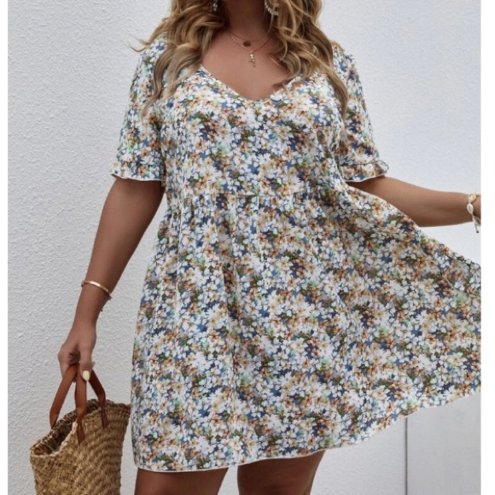Plus flounce sleeve v neck dress